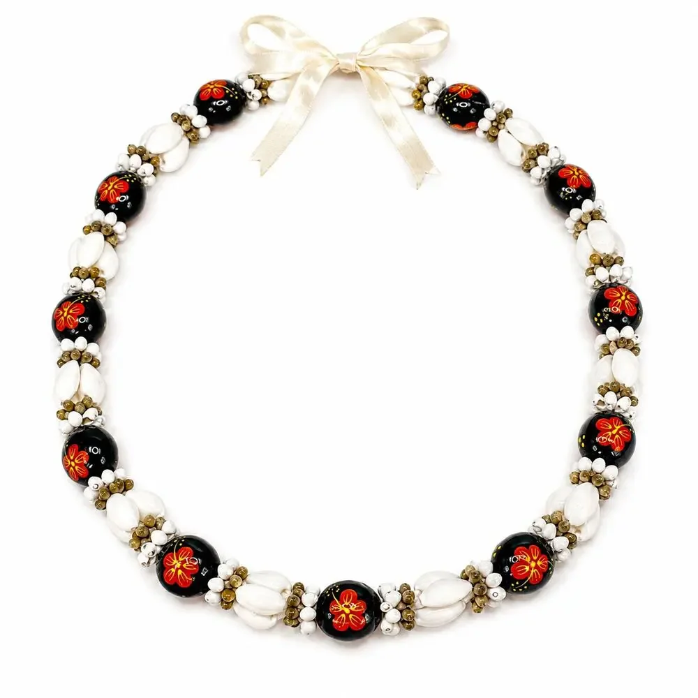 Hawaiian Tropical Hibiscus Floral Beaded Statement Necklace 32 Inch